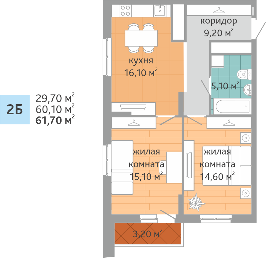 Планировка 2-к квартиры в новостройке ЖК “Дружный-2” - площадь 61.7 м2 , тип 2Б, секция 1.1