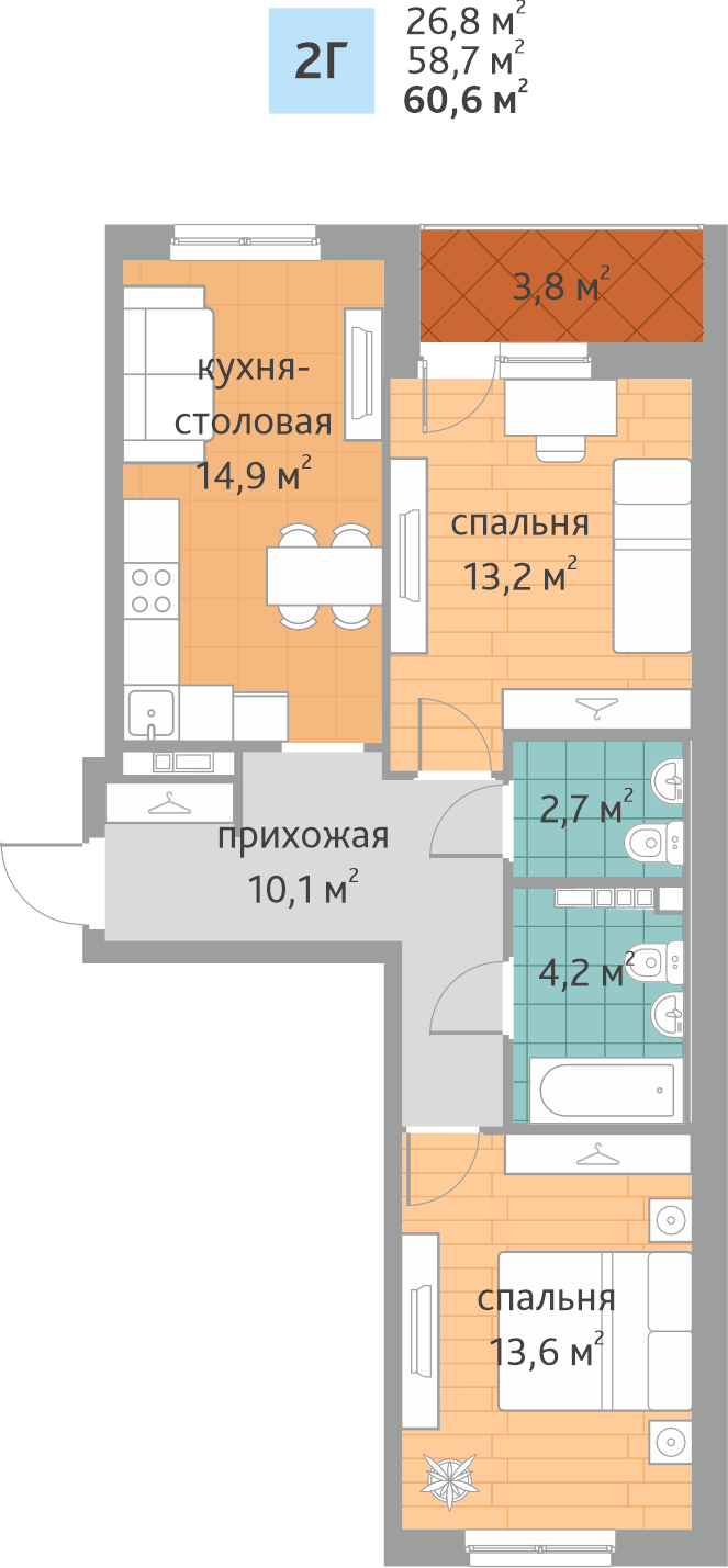 Планировка 2-к квартиры в новостройке ЖК “Дружный-2” - площадь 60.6 м2 , тип 2Г, секция 1.2.1