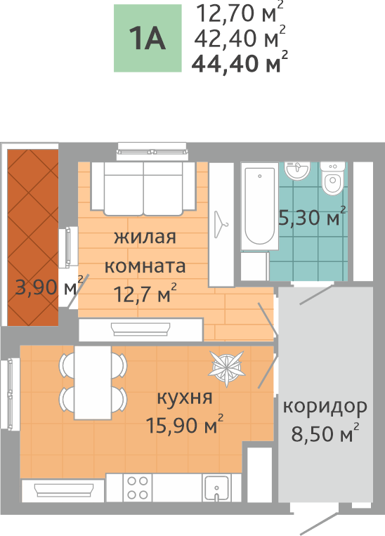 Планировка 1-к квартиры в новостройке ЖК “Дружный-2” - площадь 44.4 м2 , тип 1А, секция 1.1